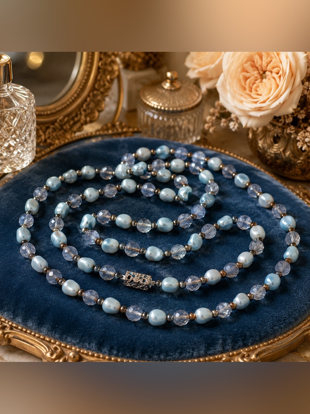 Vintage Blue Beaded Necklace 51” Long Silver Tone Filigree Box Clasp Statement